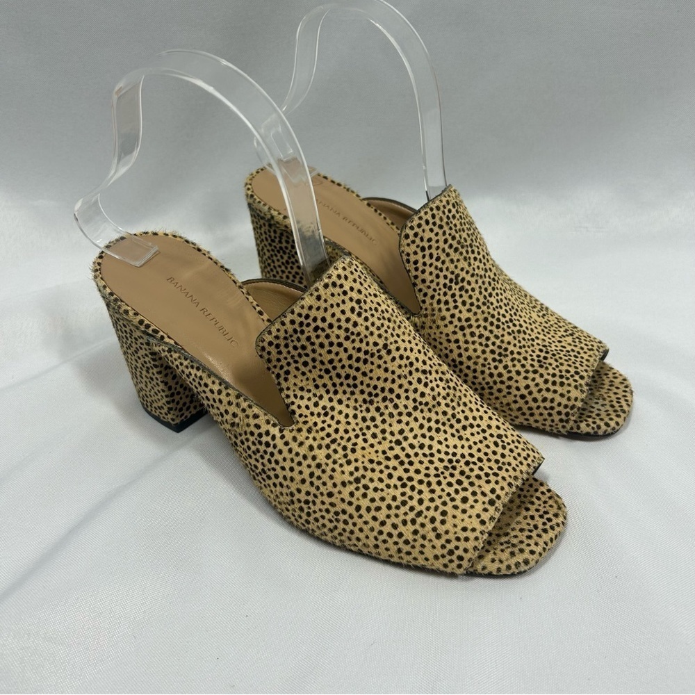Banana Republic | Real Fur Dyed Calf Hair Leopard Print Heeled Mules Size 8.5